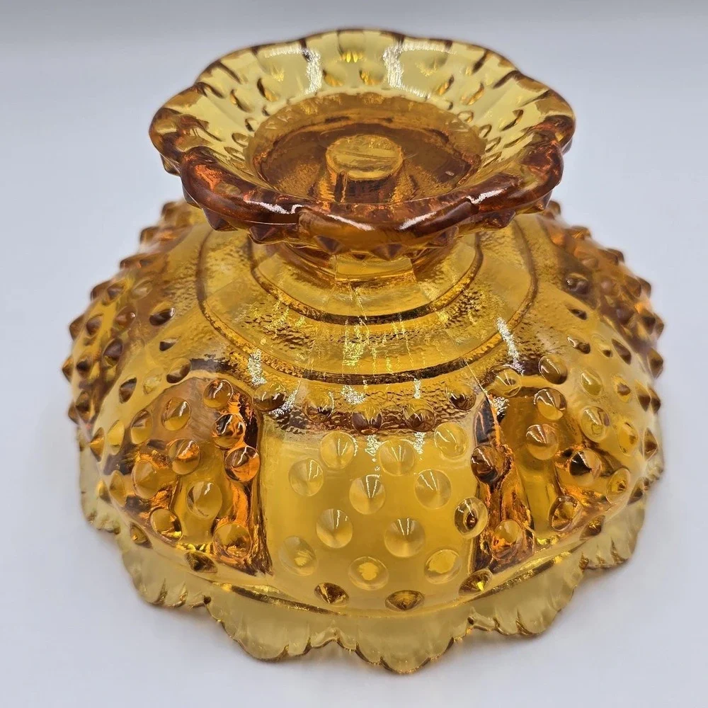 VTG Fenton Amber Hobnail Footed Glass Candle Holder Bowl Pat 3547569 MCM